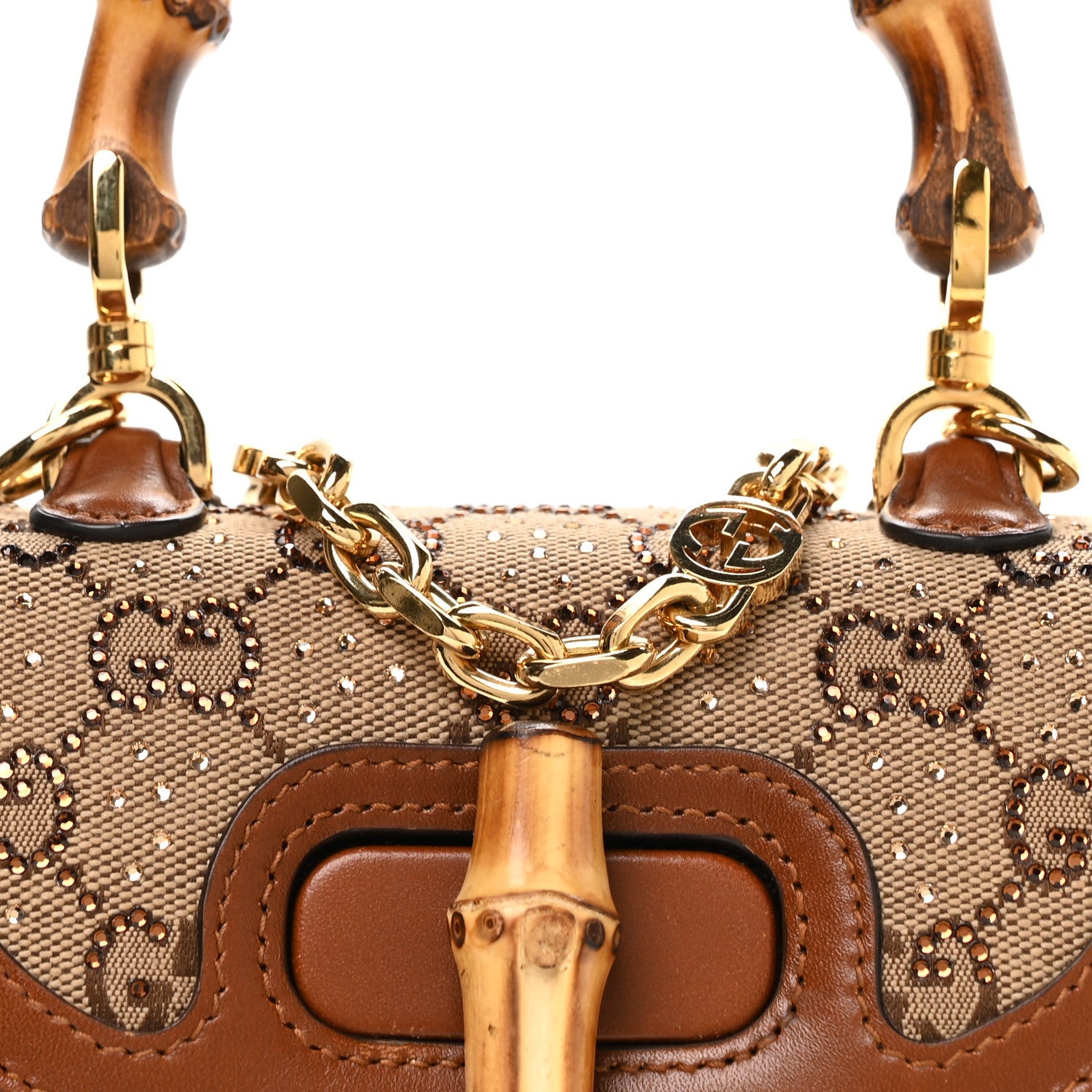 Gucci New Canvas Charisma Calfskin Crystal GG Monogram Small Bamboo 1947 Top Handle Bag Camel Ebony