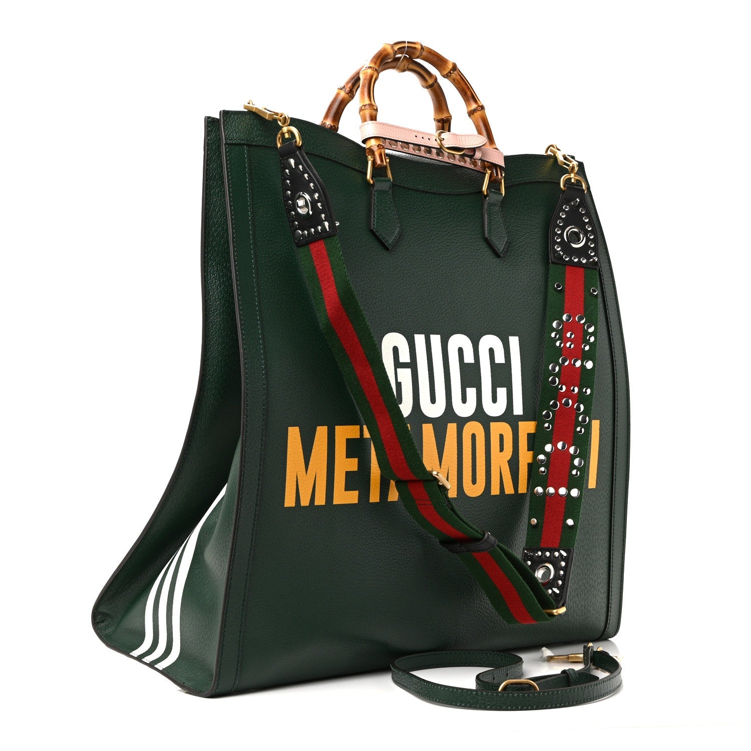 Gucci X Adidas Textured Dollar Calfskin Stripe Studded Maxi Diana Tote Bag Vintage Green Multicolor