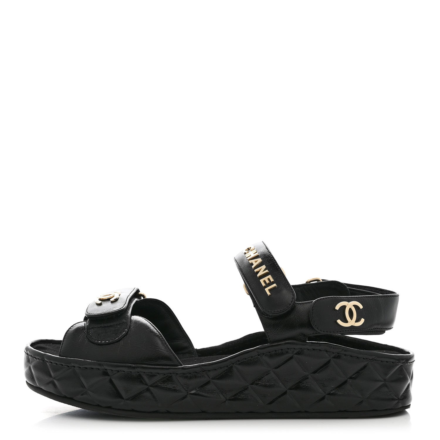 Chanel Shiny Calfskin Logo Platform Sandals 39 Black