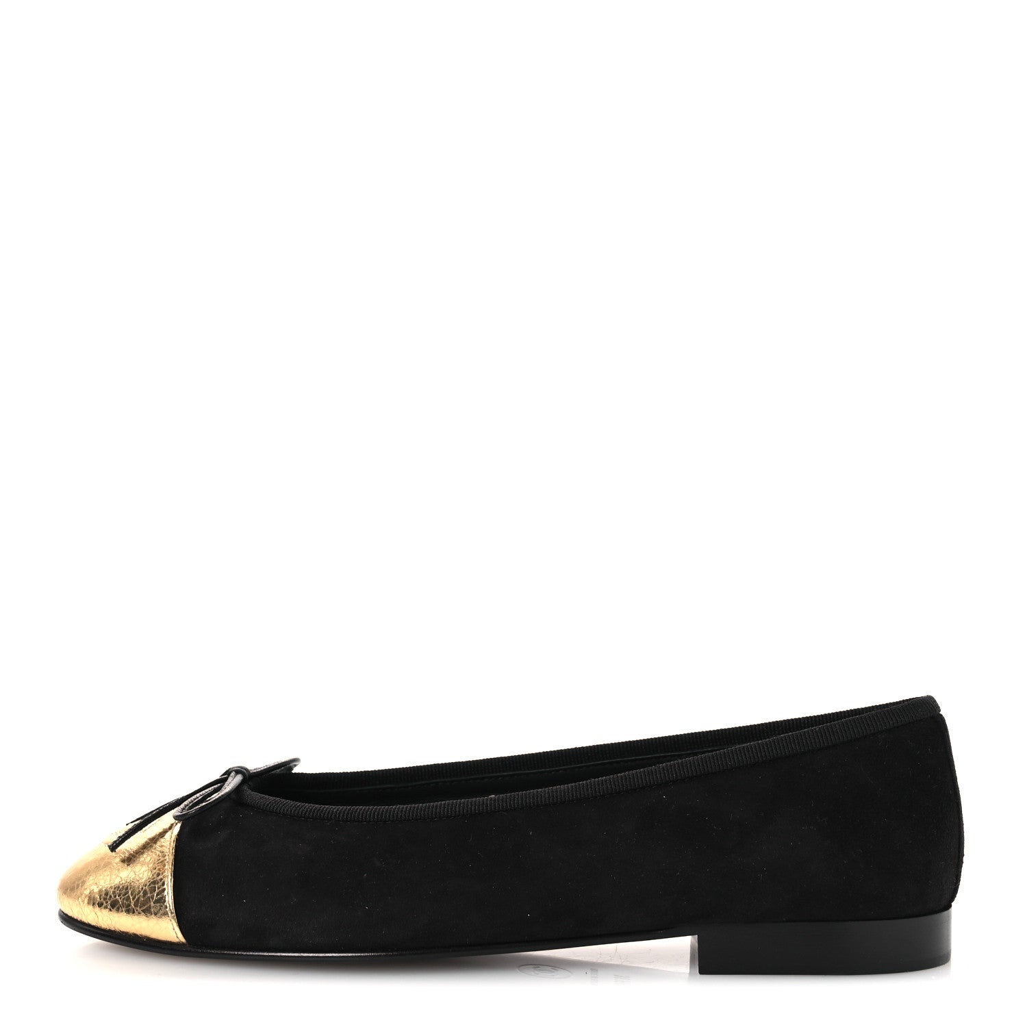 Chanel Suede Crackled Laminated Calfskin Cap Toe Ballerina Flats 36.5 Black Gold