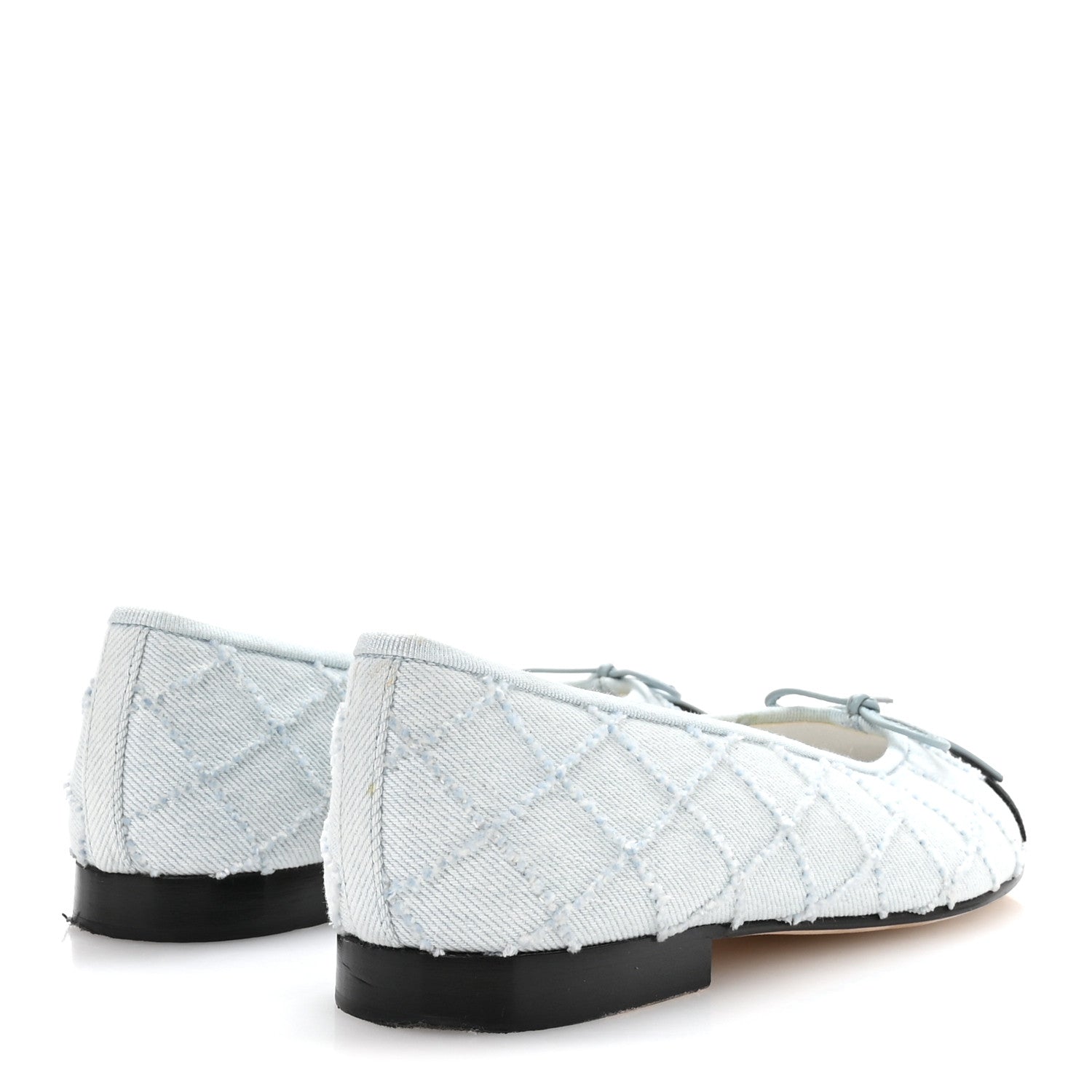 Denim Embroidered Grosgrain CC Cap Toe Ballerina Flats 38.5 Light Blue Black