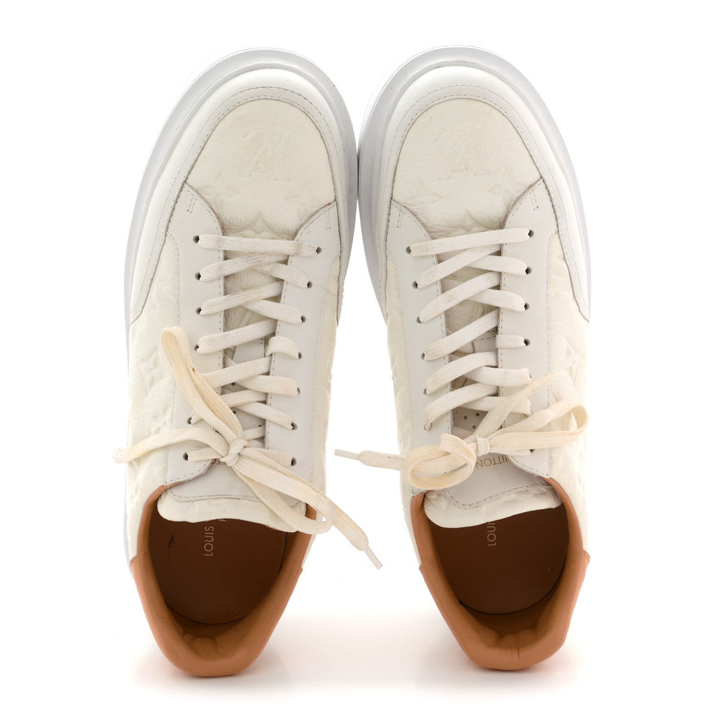 Louis Vuitton Grained Calfskin Embossed Monogram Mens Beverly Hills Sneakers 8.5 White