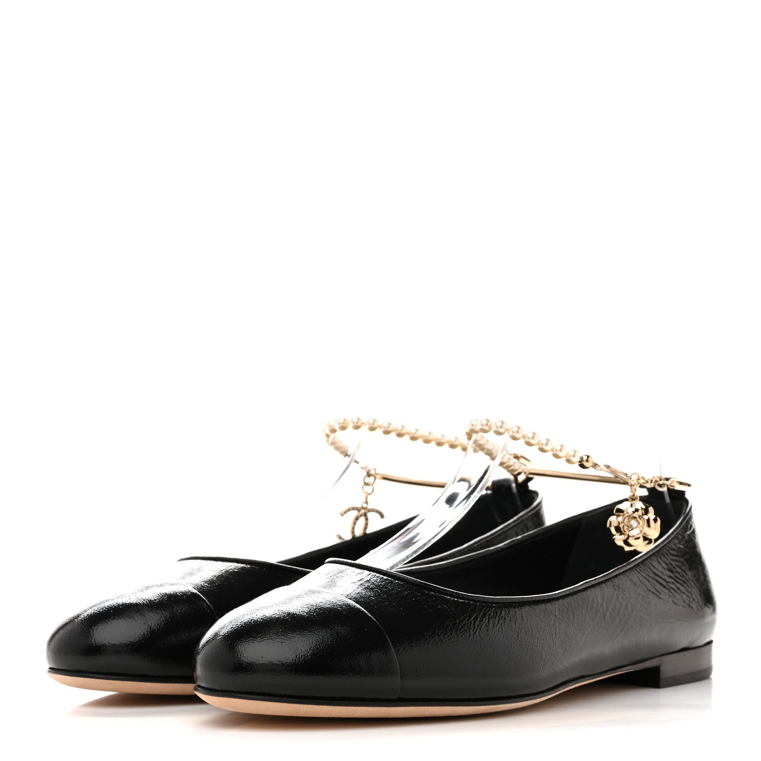 Chanel Shiny Lambskin Pearl Cap Toe Ankle Chain Ballerina Flats 39 Black