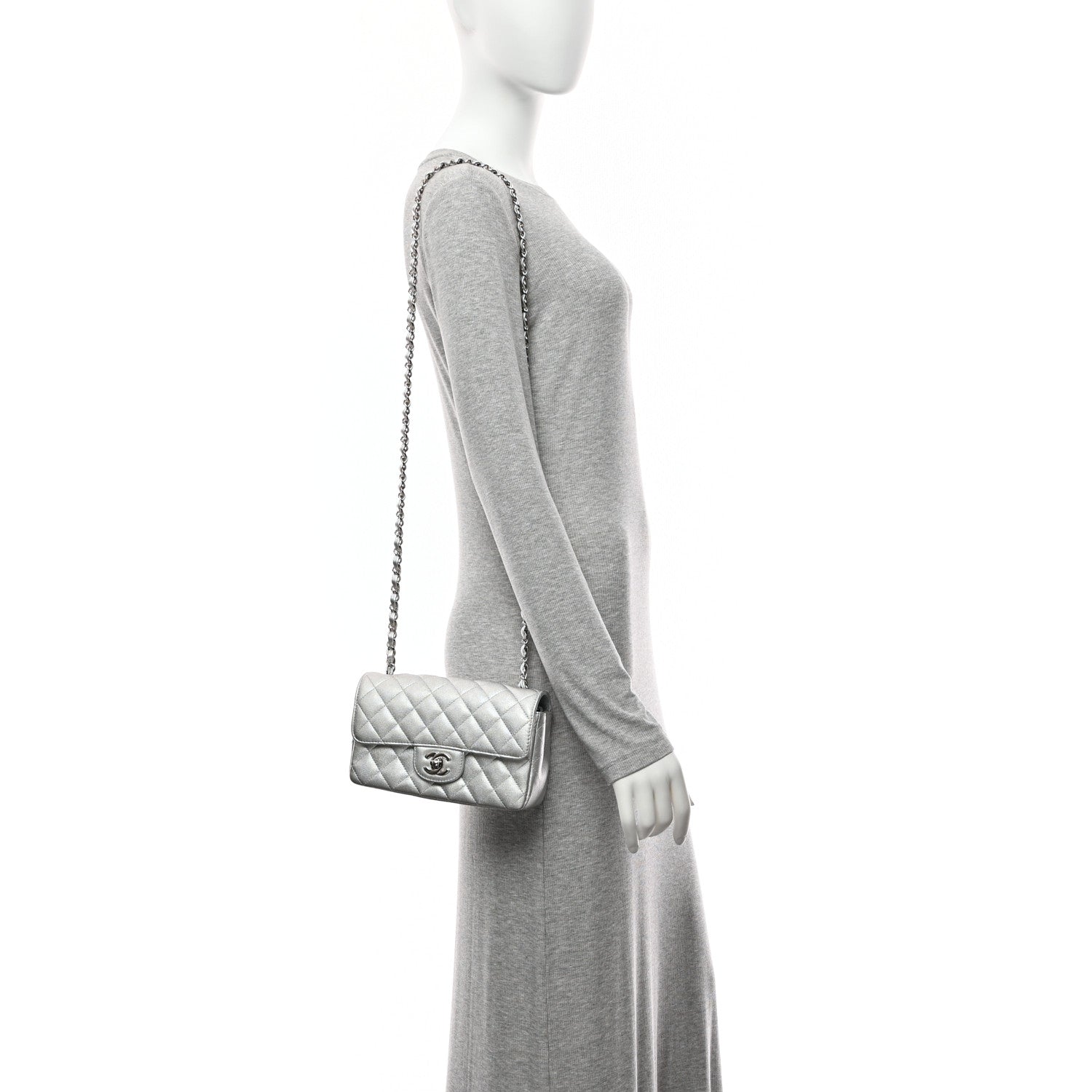 Chanel Metallic Lambskin Quilted Mini Rectangular Flap Silver