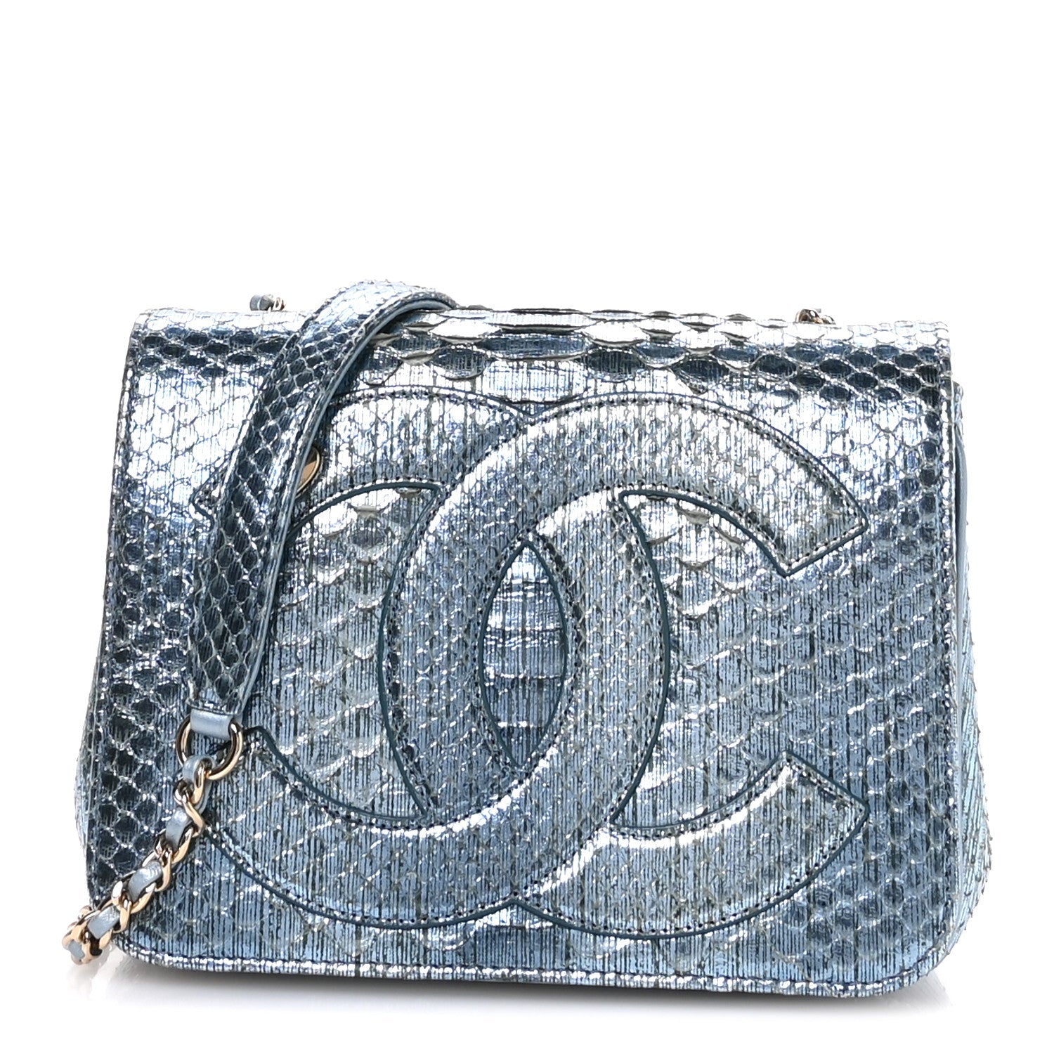 Chanel Metallic Snakeskin CC Flap Bag Blue