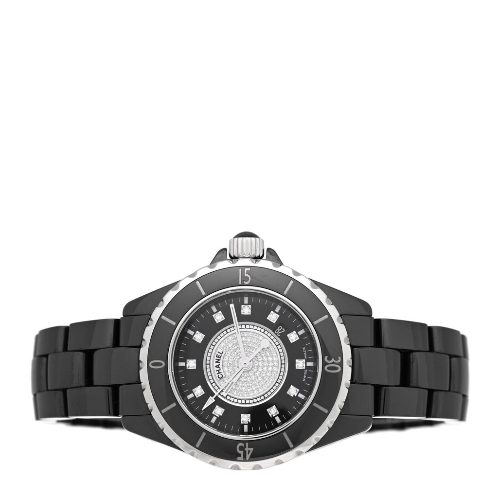 Chanel Stainless Steel Ceramic Diamond Dial 33mm J12 Quartz Watch Black