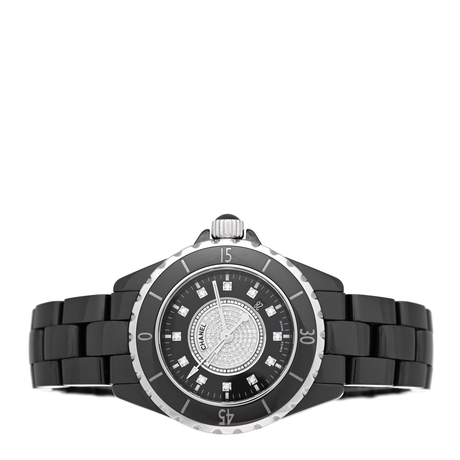 Chanel Stainless Steel Ceramic Diamond Dial 33mm J12 Quartz Watch Black