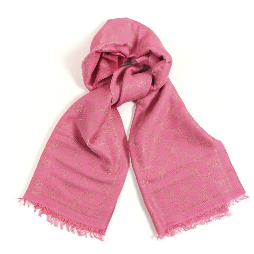 Gucci Wool Silk Lurex GG Monogram Bright G Fringe Scarf Fuxia