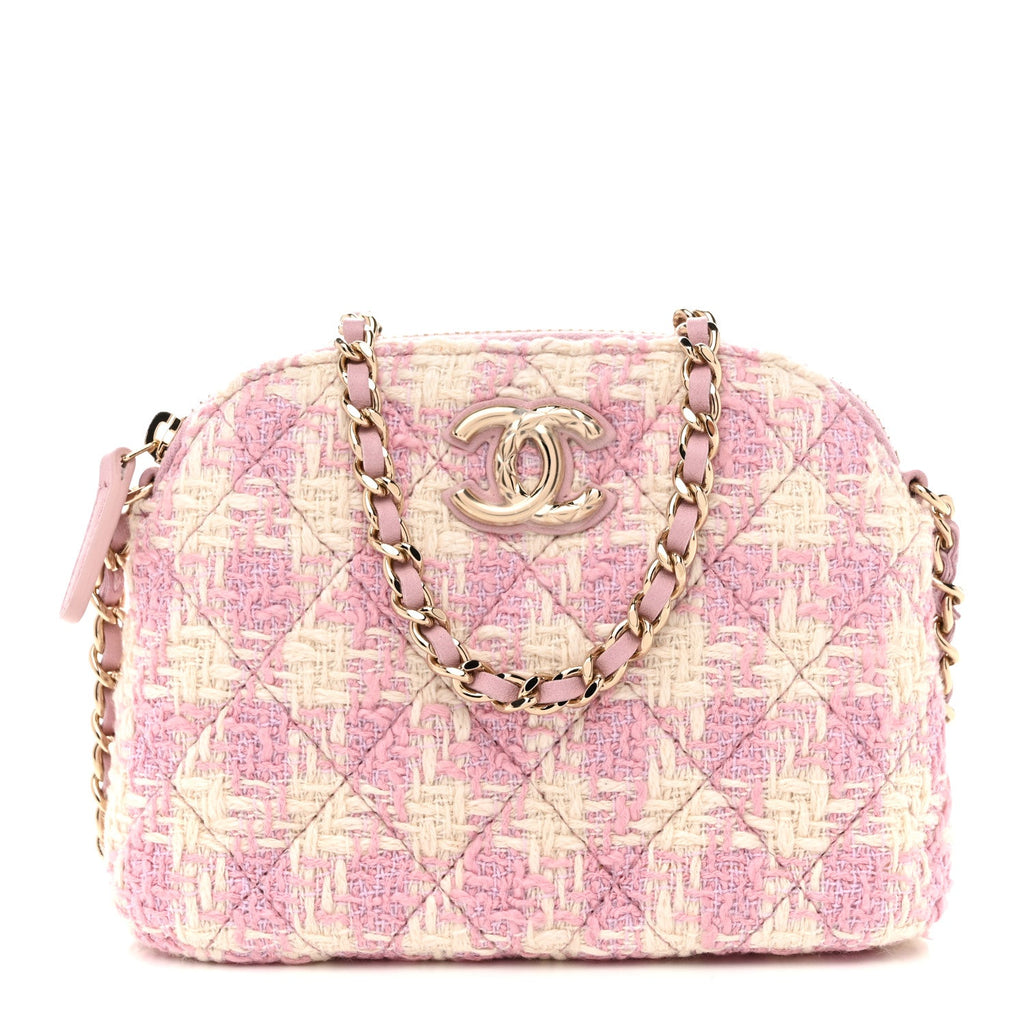 Chanel Tweed Quilted Mini Clutch With Chain Pink