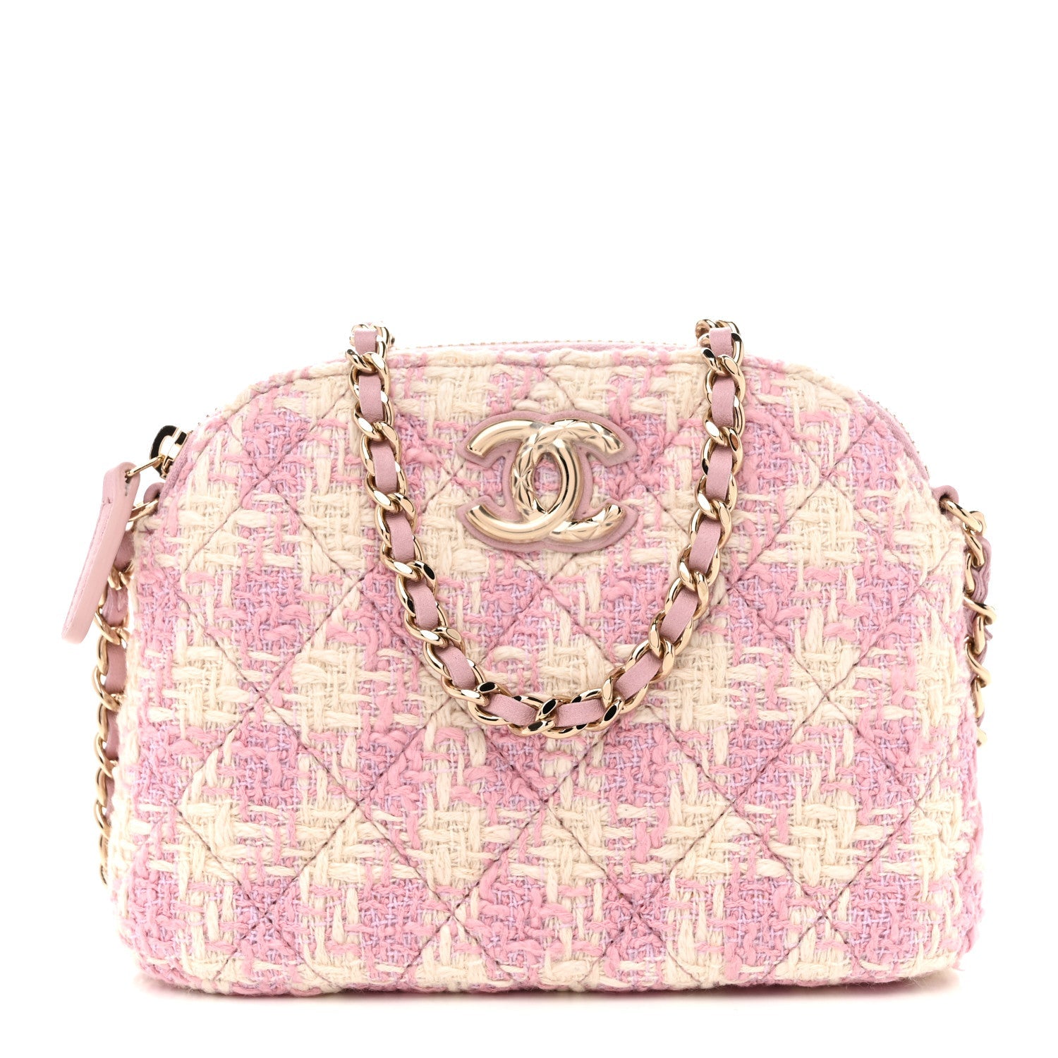 Chanel Tweed Quilted Mini Clutch With Chain Pink
