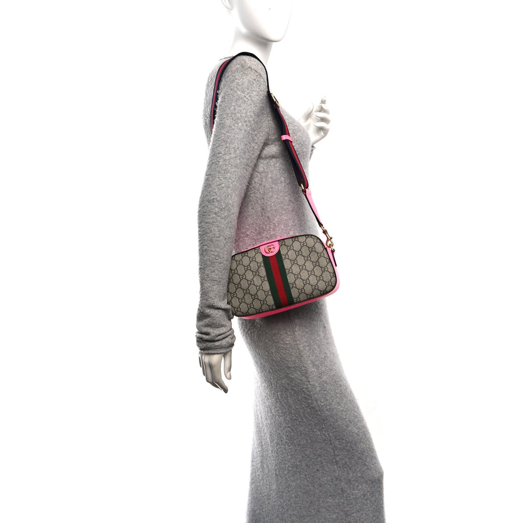 Gucci GG Supreme Monogram Textured Dollar Calfskin Web Ophidia Small Crossbody Bag Beige Ebony Fuchsia