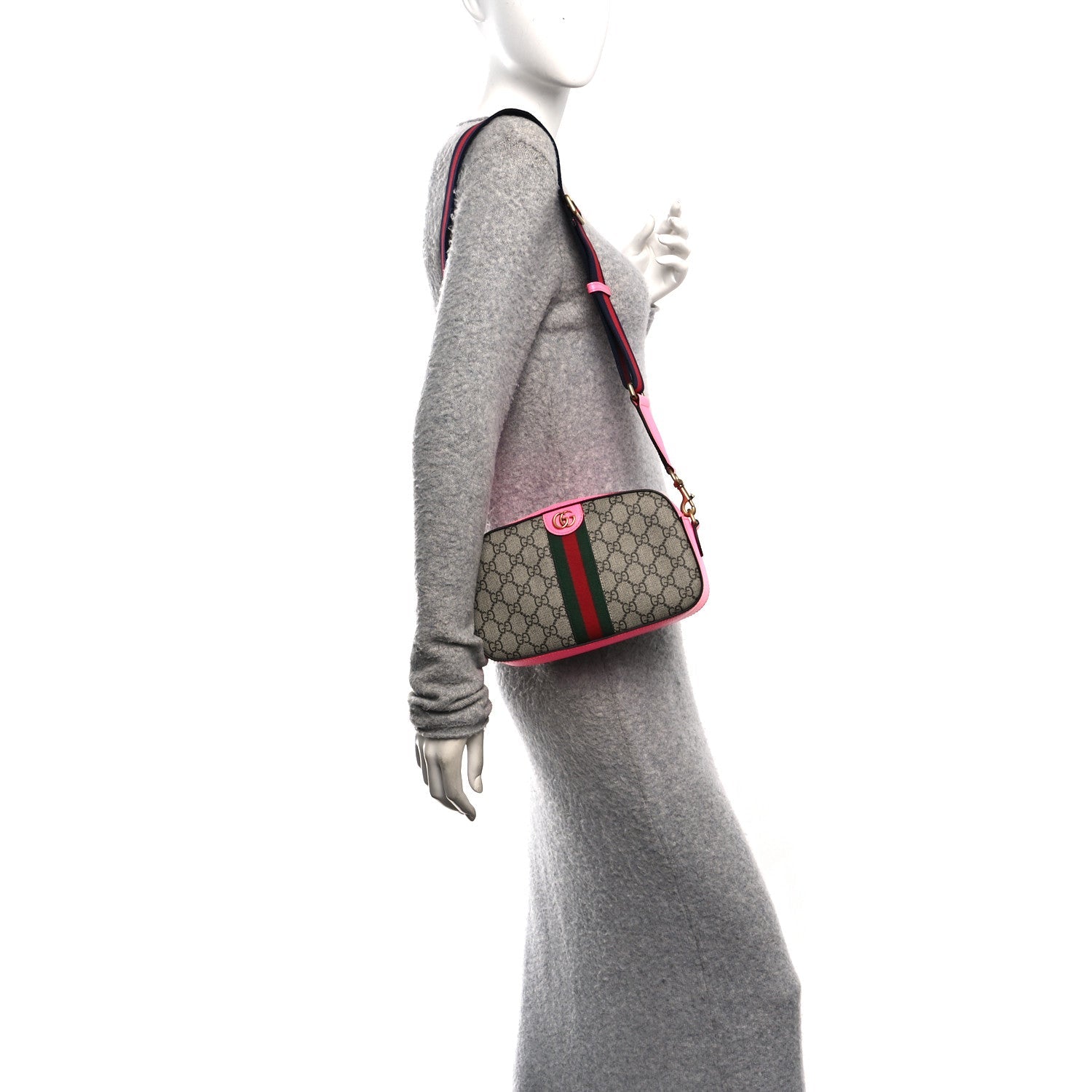 Gucci GG Supreme Monogram Textured Dollar Calfskin Web Ophidia Small Crossbody Bag Beige Ebony Fuchsia