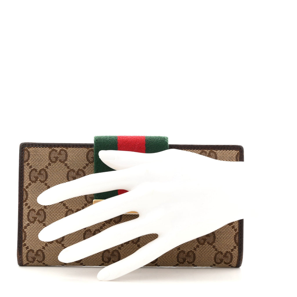 Gucci Monogram Calfskin Ladies Web Continental Wallet Beige Ebony Cocoa