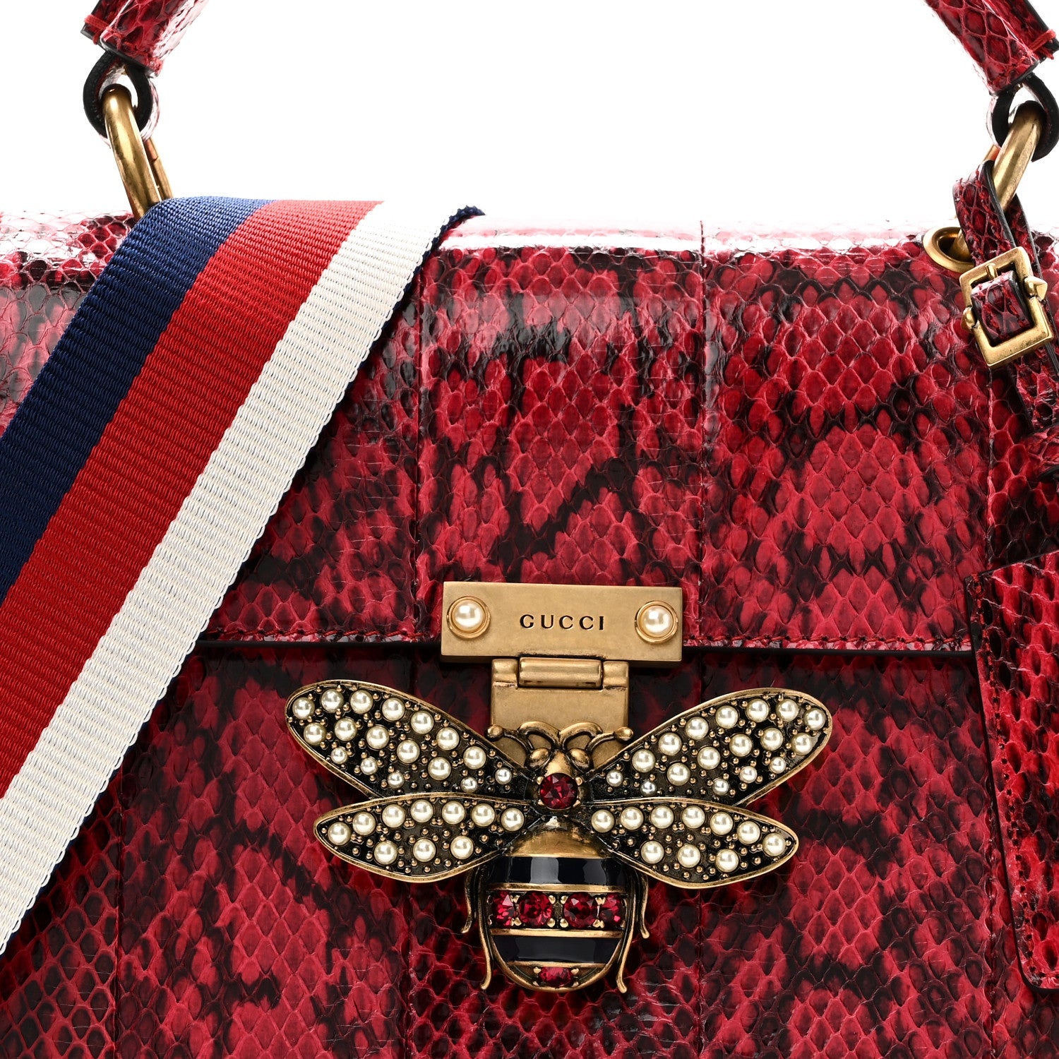 Gucci Snakeskin Sylvie Web Small Queen Margaret Top Handle Bag Red