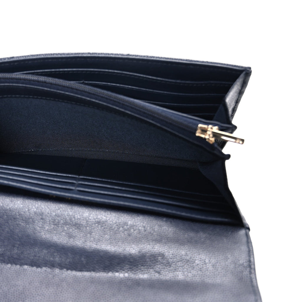 Caviar Quilted Large Gusset Flap Wallet Navy