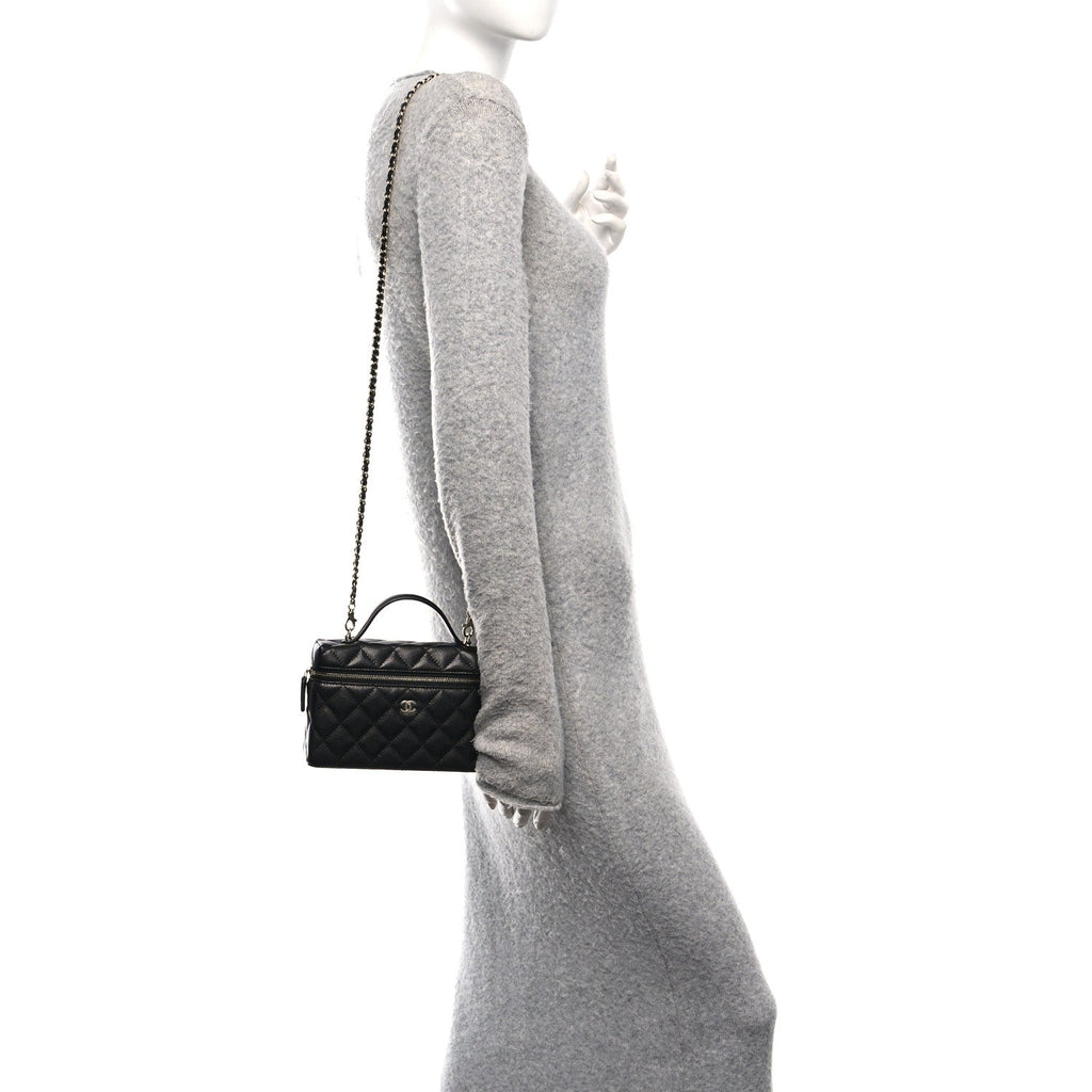 Chanel Caviar Quilted Top Handle Slim Vanity With Chain Black
