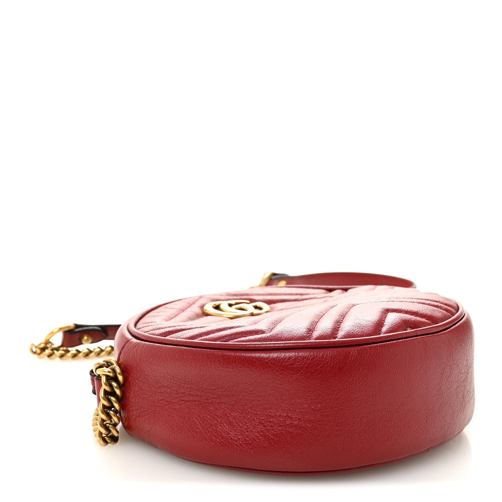 Gucci Glazed Calfskin Matelasse Heart Mini GG Marmont Round Shoulder Bag Romantic Cerise
