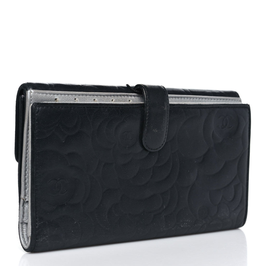 Lambskin Camellia Embossed Long Double Wallet Black