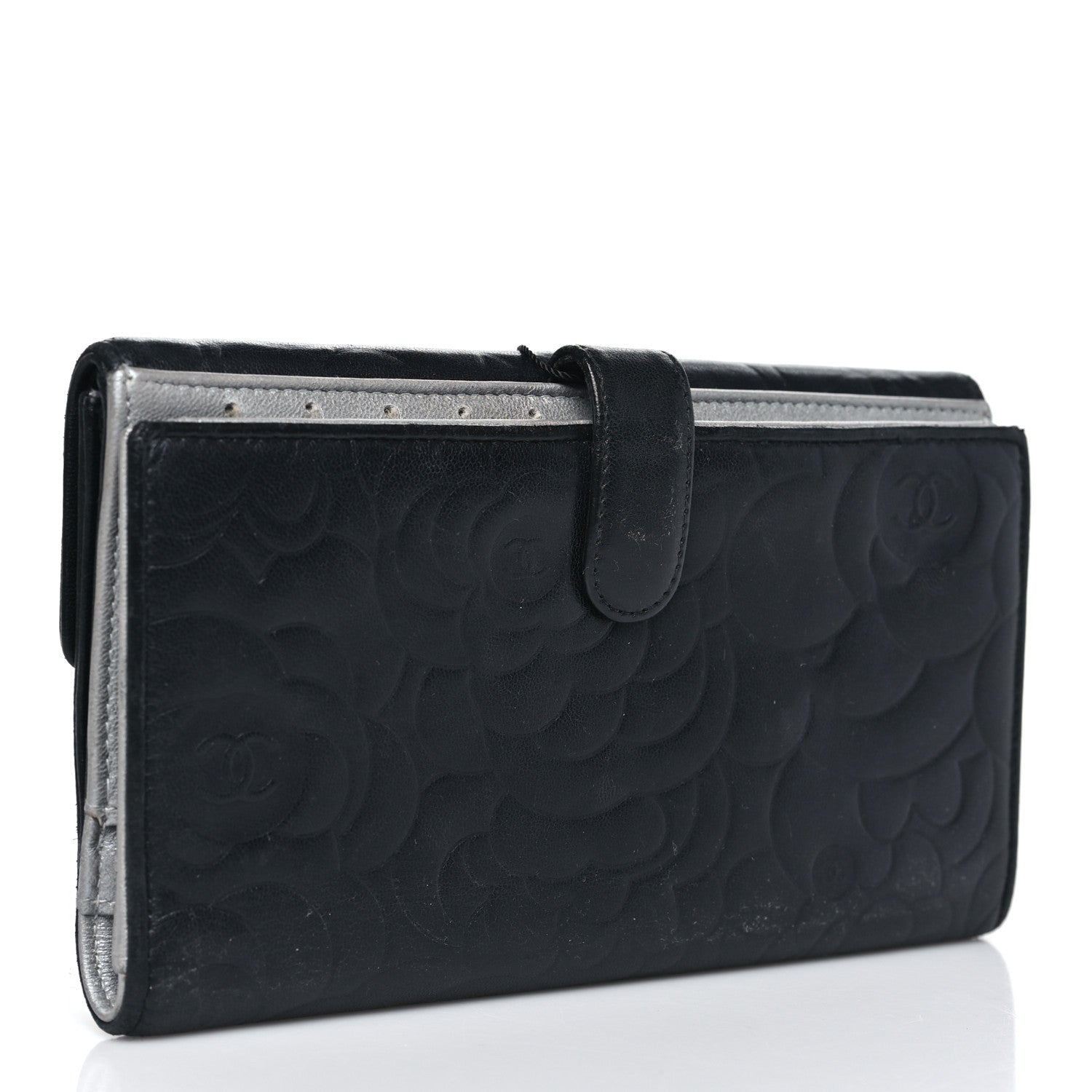 Lambskin Camellia Embossed Long Double Wallet Black
