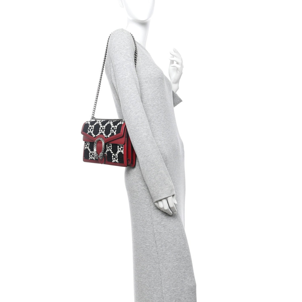 Gucci Tweed GG Monogram Small Dionysus Shoulder Bag Black White Romantic Cherry