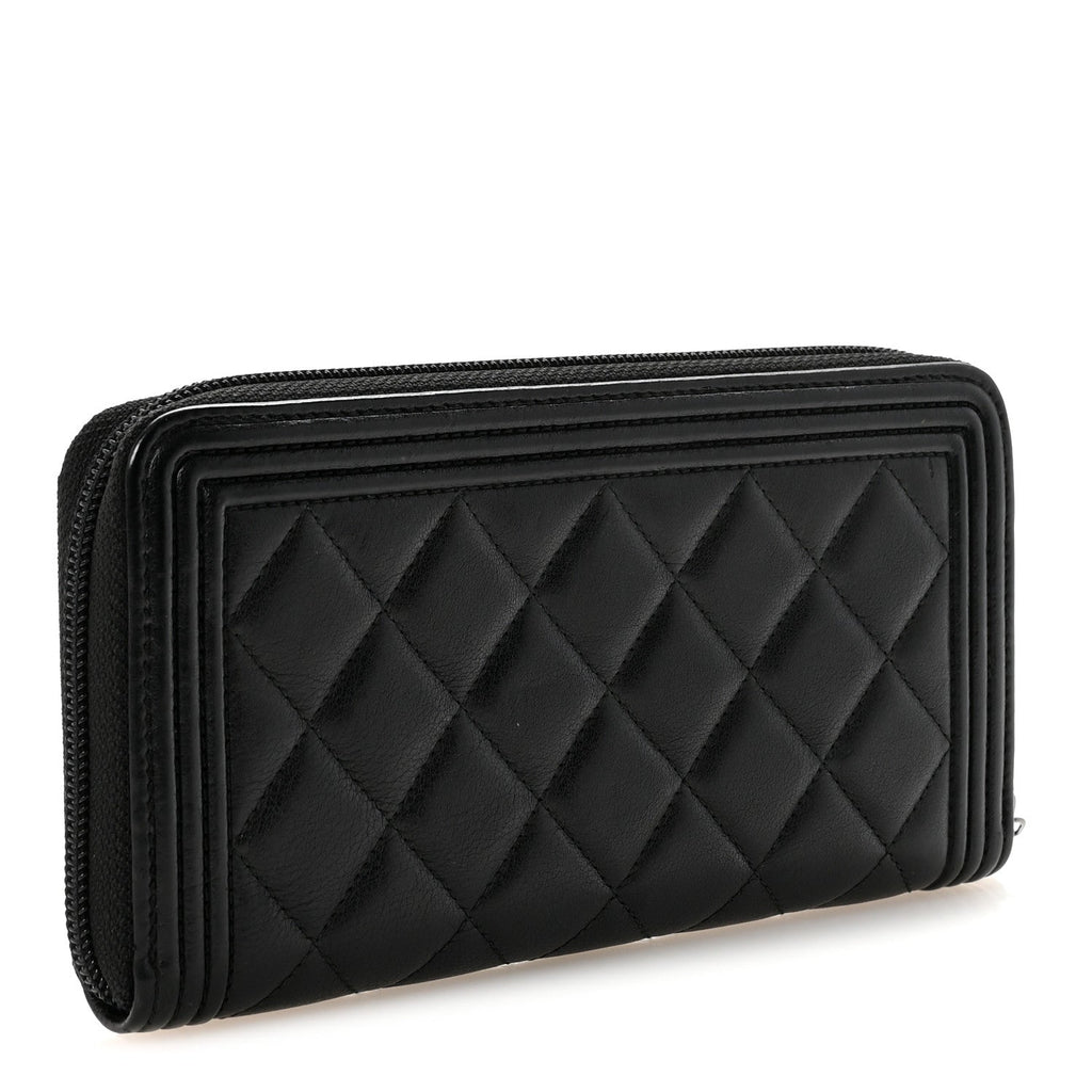 Lambskin Quilted Boy Zip Around Wallet Black