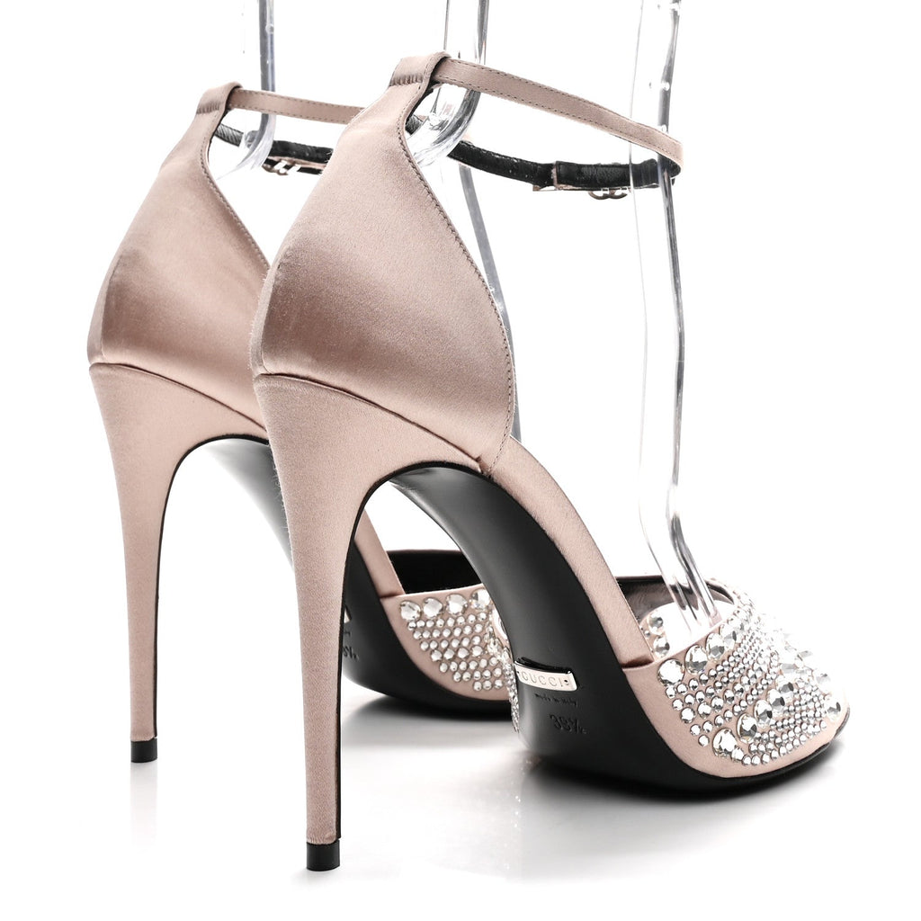 Gucci Satin Crystal Ankle Strap Sandal Pumps 39.5 Skin Rose