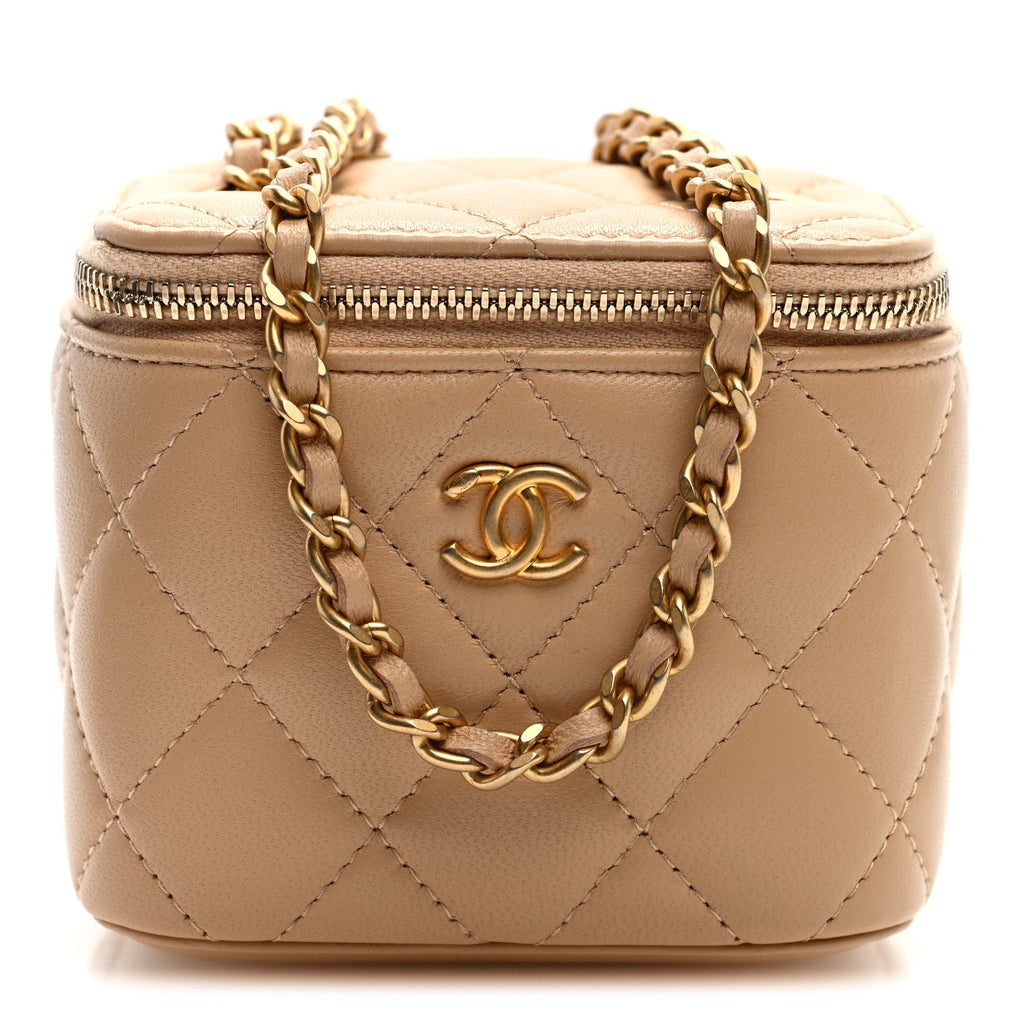 Chanel Lambskin Quilted Pearl Crush Mini Vanity Case With Chain Beige