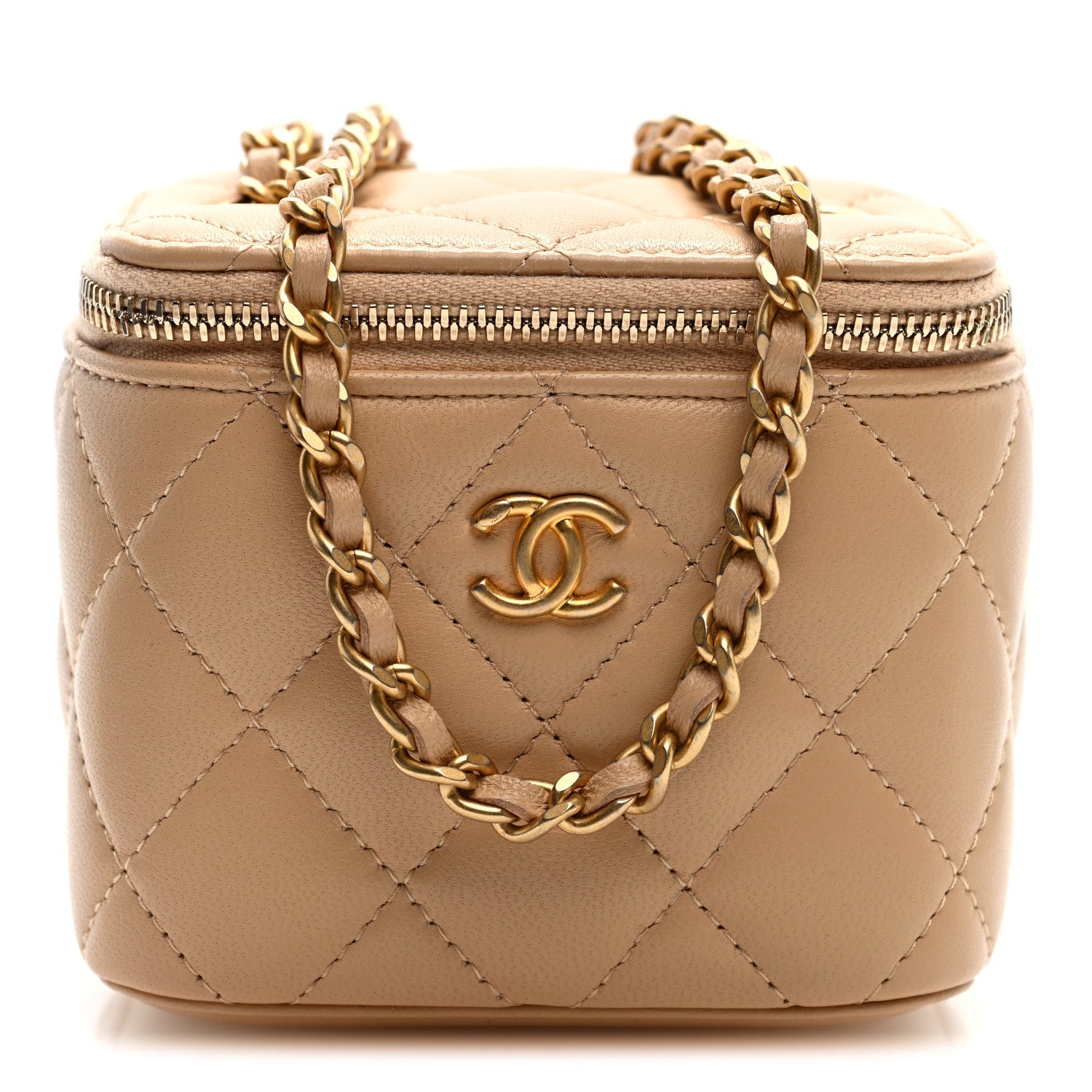 Chanel Lambskin Quilted Pearl Crush Mini Vanity Case With Chain Beige