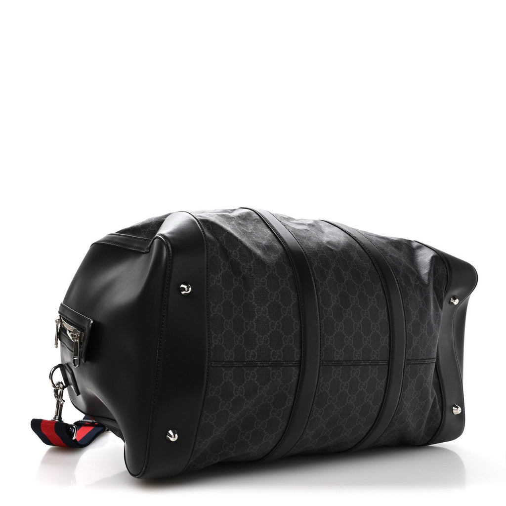Gucci Soft GG Supreme Monogram Appia Calfskin Web Large Carry On Duffle Bag Black Grey