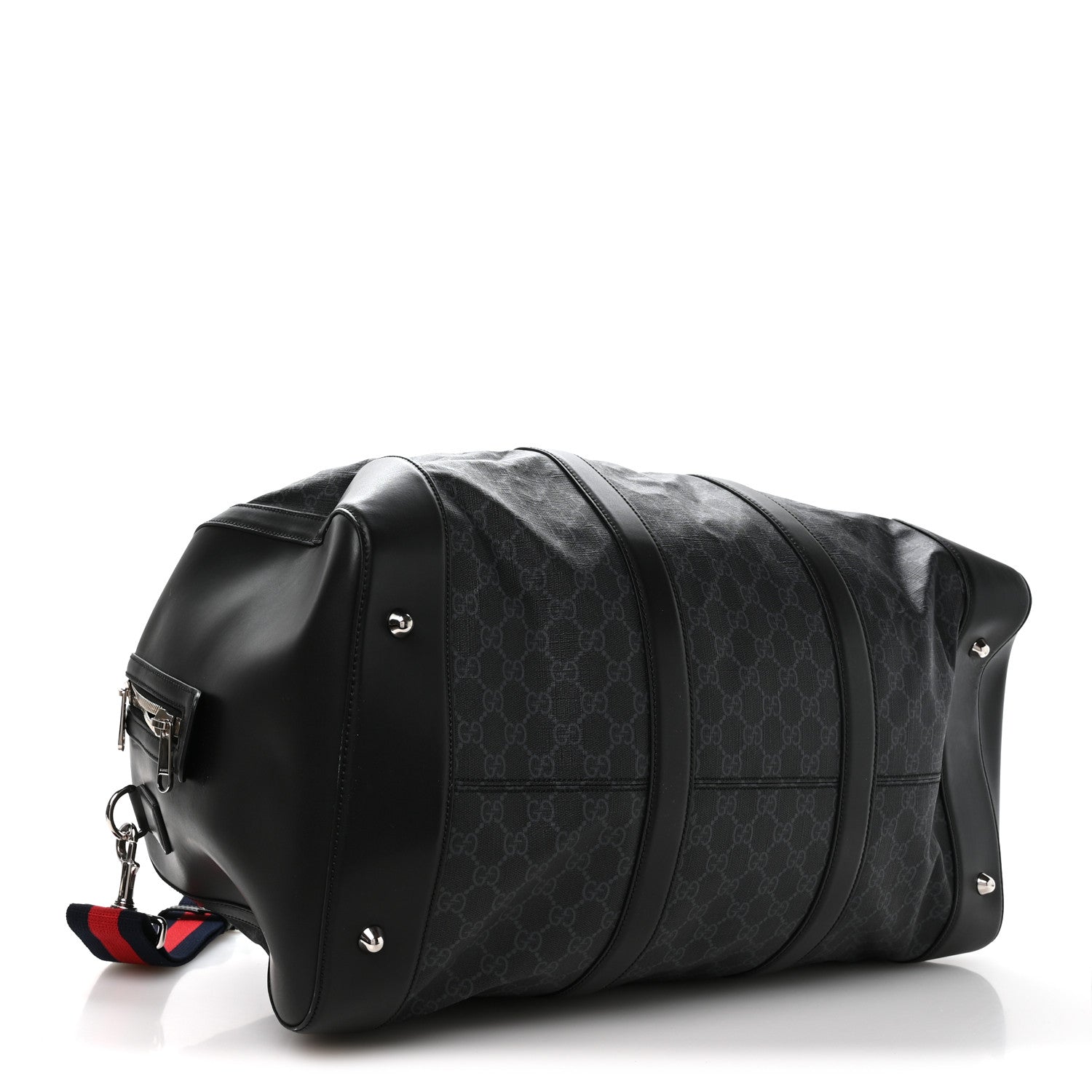 Gucci Soft GG Supreme Monogram Appia Calfskin Web Large Carry On Duffle Bag Black Grey