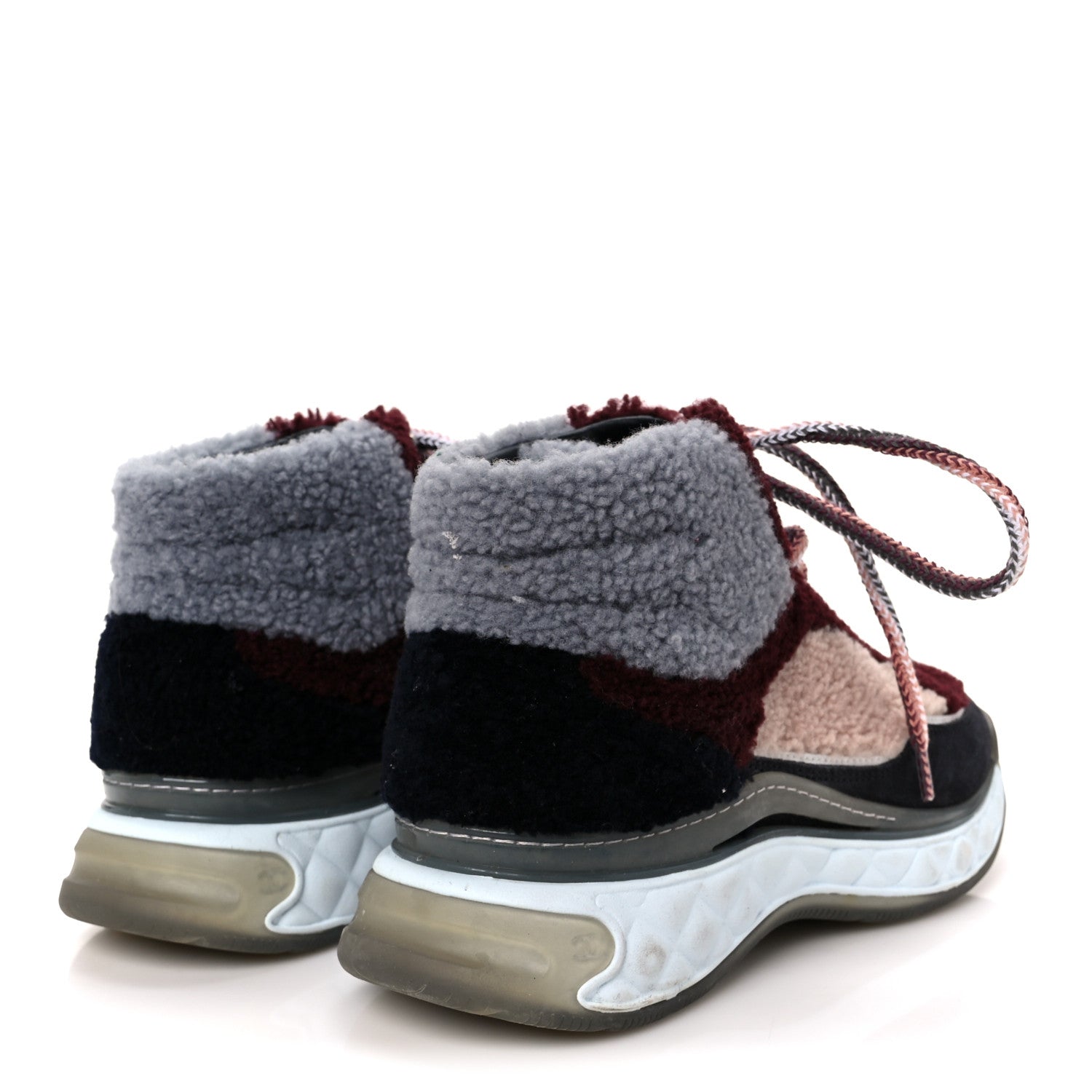 Chanel Shearling Suede CC High Top Sneakers 39 Grey Pink Burgundy