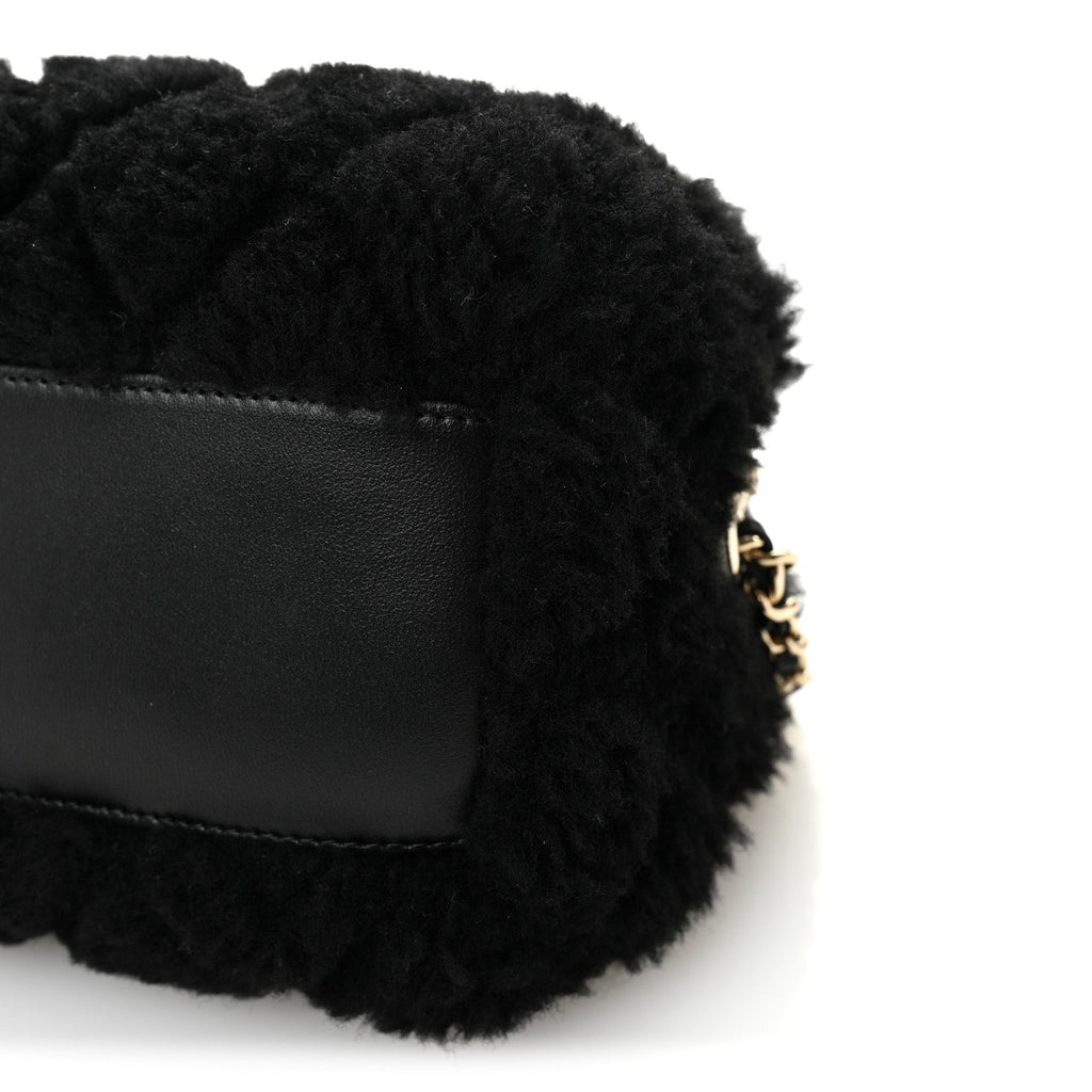 Chanel Shearling Quilted Barrel Clutch With Chain Black