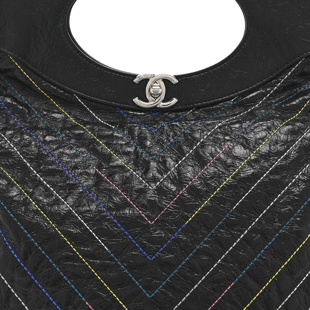 Chanel Glazed Calfskin Chevron Stitched Large 31 Shopping Bag Black Multicolor
