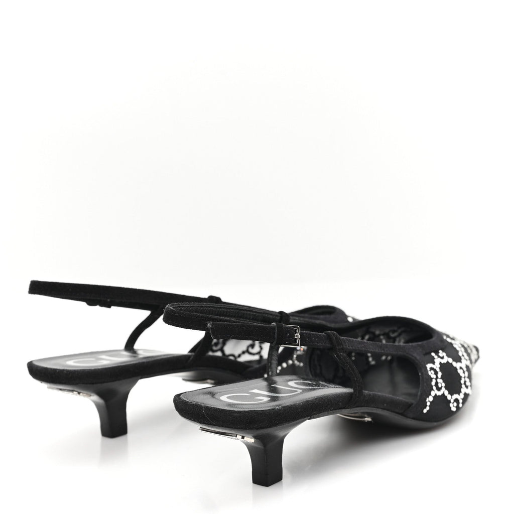 Gucci Tela Retino Kid Scamosciato Crystal GG Monogram Square G 35mm Slingback Pumps 37.5 Black