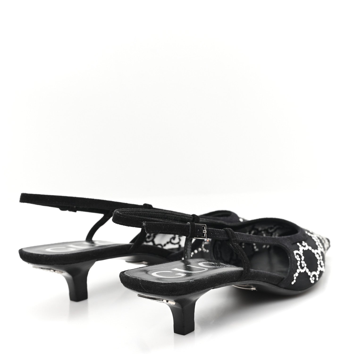Gucci Tela Retino Kid Scamosciato Crystal GG Monogram Square G 35mm Slingback Pumps 37.5 Black