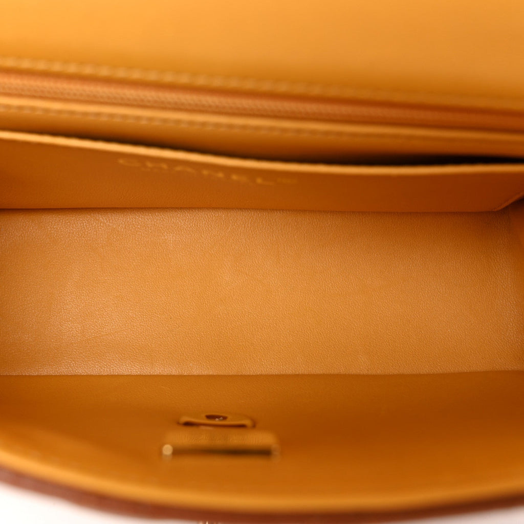 Chanel Lambskin Quilted Bi-Color Mini Top Handle Rectangular Flap Light Brown Yellow