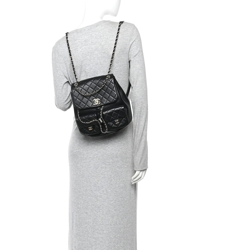 Chanel Calfskin Quilted Large Duma Pockets Drawstring Backpack Black