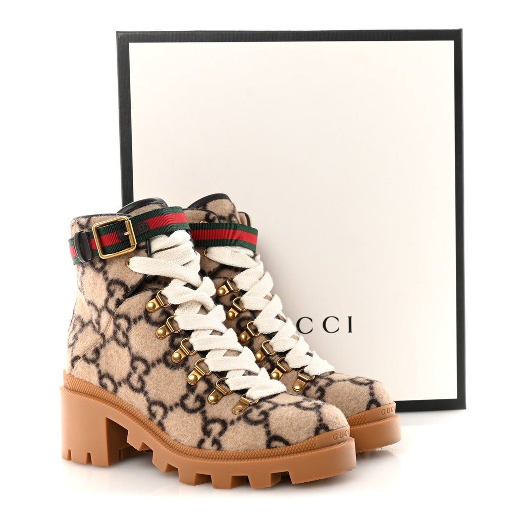 Gucci Covered Wool Big GG Monogram Womens Lace Up Combat Ankle Boots 36 Beige Ebony Cocoa