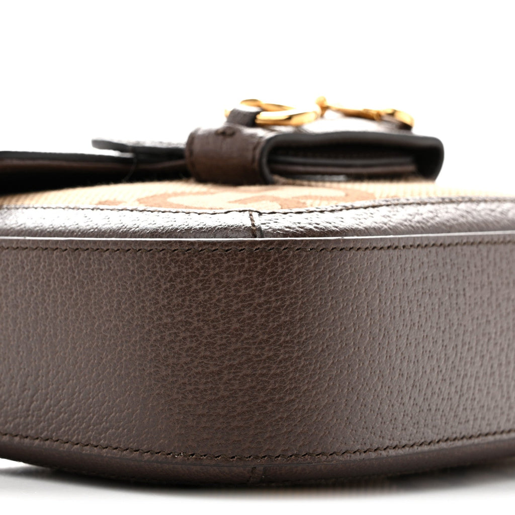Gucci Monogram Jumbo GG Textured Dollar Calfskin Web Mini Horsebit 1955 Shoulder Bag Camel Ebony New Acero