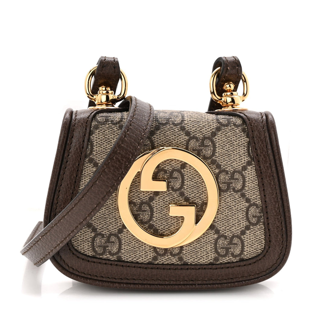 Gucci GG Supreme Monogram Textured Dollar Calfskin Blondie Card Case Wallet with Strap Beige Ebony New Acero