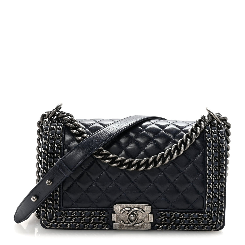 Chanel Glazed Calfskin Quilted Medium Boy Chained Flap Blue