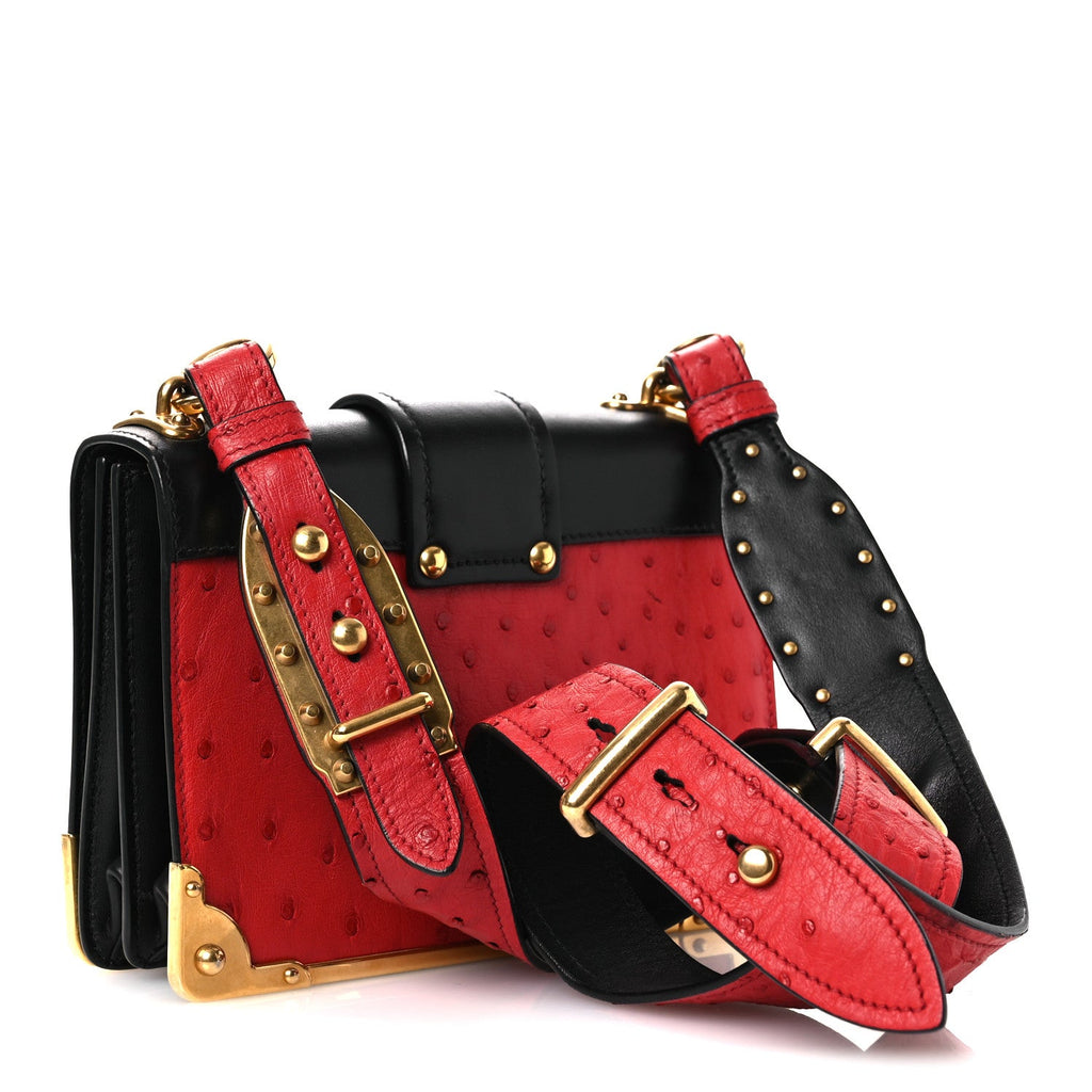 Prada City Calfskin Ostrich Cahier Bag Fuoco Black