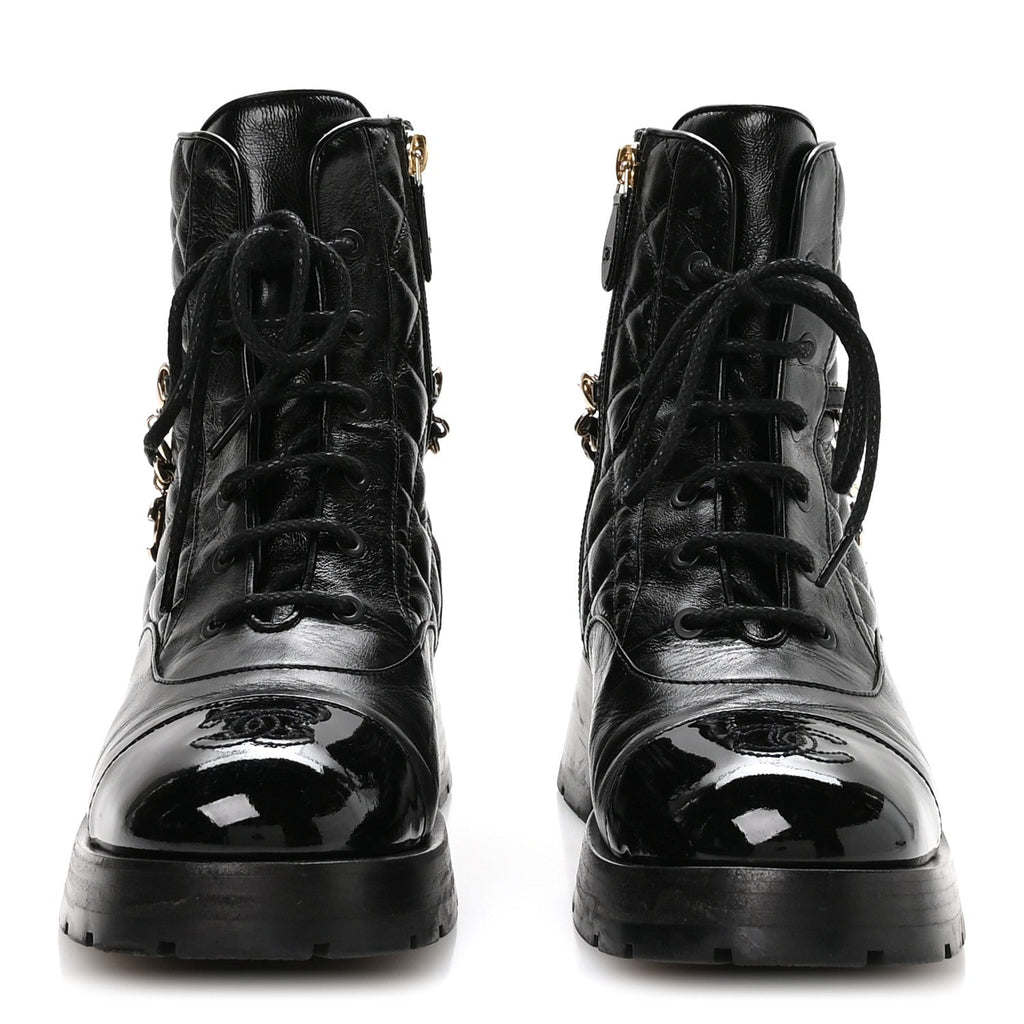 Chanel Shiny Calfskin Patent Quilted Chain Lace Up Combat Boots 40 Black