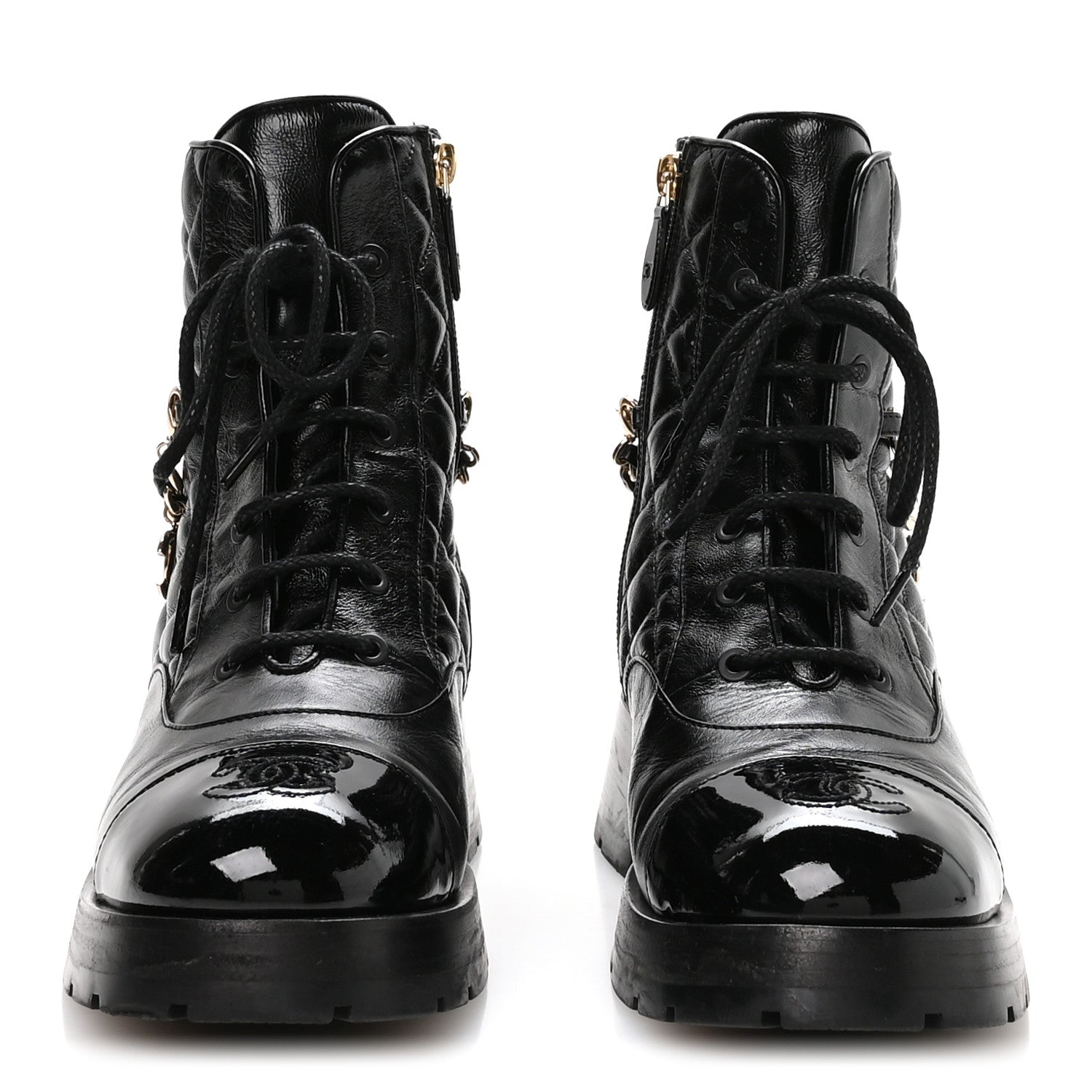 Chanel Shiny Calfskin Patent Quilted Chain Lace Up Combat Boots 40 Black