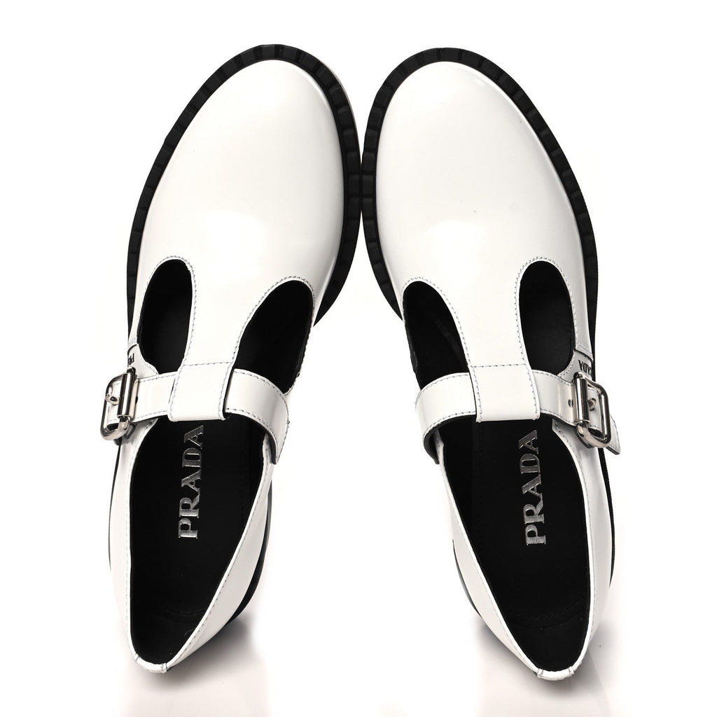 Prada Spazzolato Womens Mary Jane T Strap 40mm Loafers 39.5 White