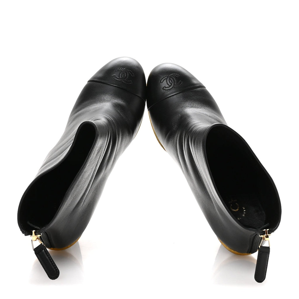 Lambskin Cap Toe Wedge Ankle Boots 38.5 Black