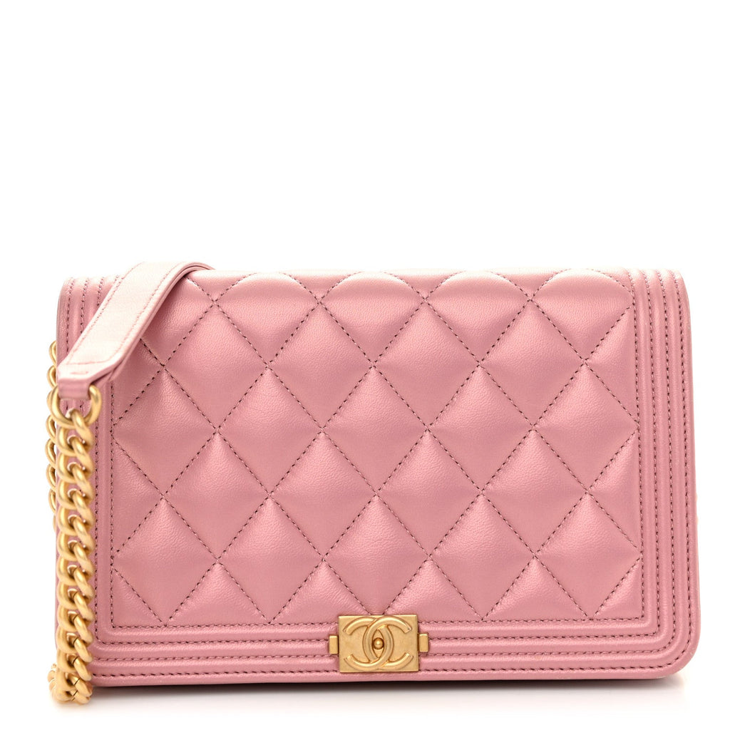 Chanel Metallic Lambskin Quilted Boy Wallet On Chain WOC Pink