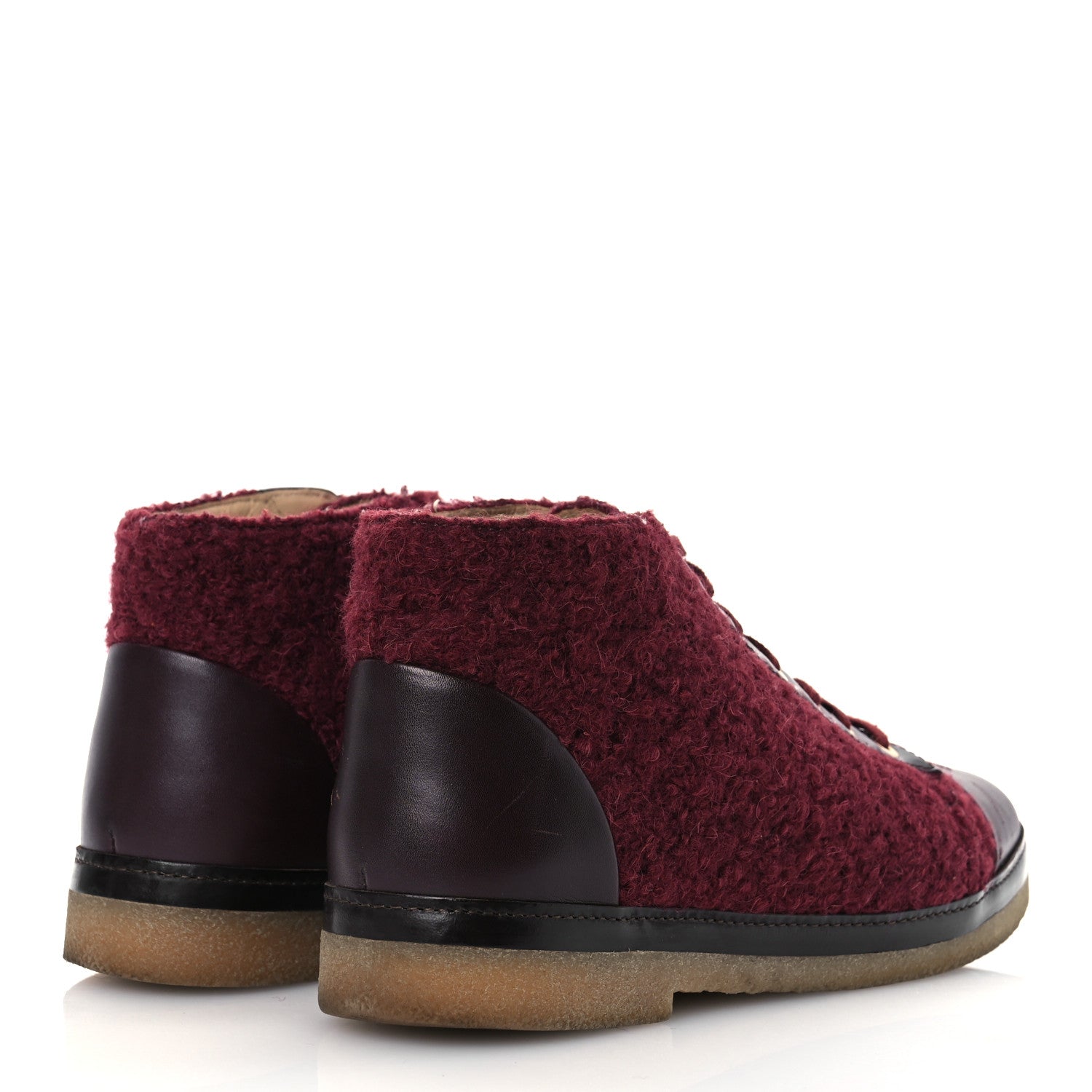Chanel Tweed Calfskin Patent CC Lace Up Short Boots 39 Burgundy