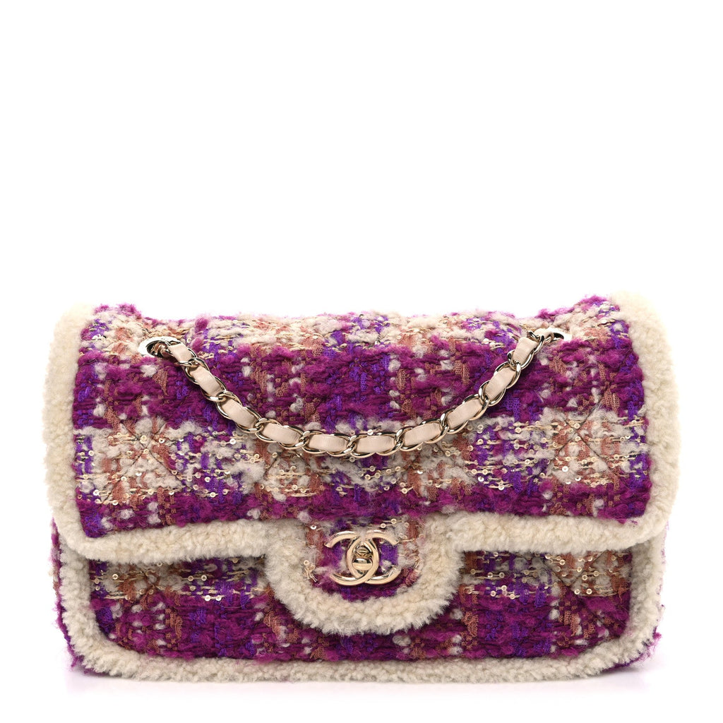 Chanel Tweed Shearling Large Flap Bag Purple Beige