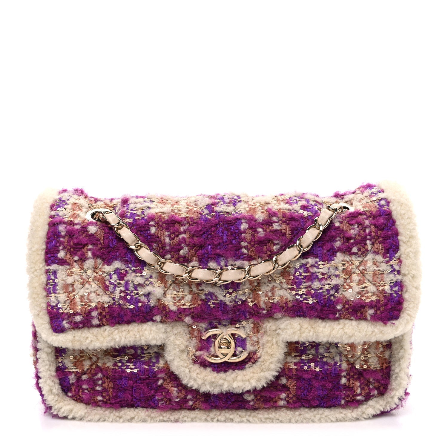 Chanel Tweed Shearling Large Flap Bag Purple Beige